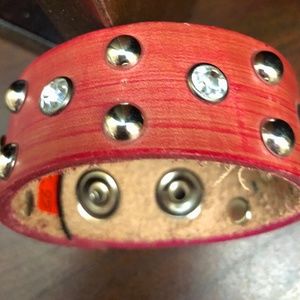 Pink Womens Rhinestones Studs Leather Bracelet